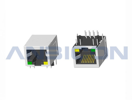 RJ45 Single Port; TAB-DOWN; L=21.3 mm;  With LED(4.06mm); With metal shield. PCB Retaining Post :solid(Type A)