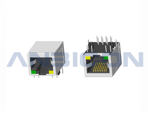 RJ45 Single Port; TAB-DOWN; L=21.3 mm; With LED(4.06mm); With metal shield . PCB Retaining Post:hollow(Type B)