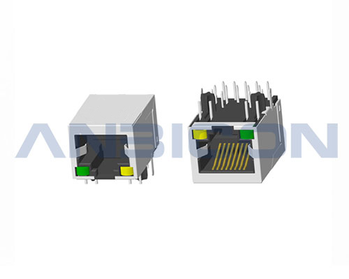 RJ45 Single Port; TAB-DOWN; POE ; L=21.3 mm;  With LED(4.06mm); With metal shield. PCB Retaining Post :solid(Type A)