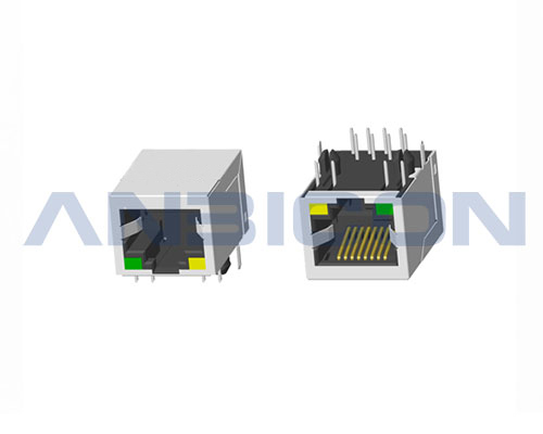 RJ45 Single Port; TAB-DOWN; L=21.3 mm; With LED(4.90mm); With metal shield . PCB Retaining Post:hollow(Type B)