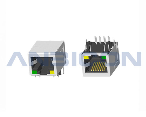 RJ45 Single Port; TAB-DOWN; L=21.3 mm; With LED(4.90mm); With metal shield. PCB Retaining Post :solid(Type A)