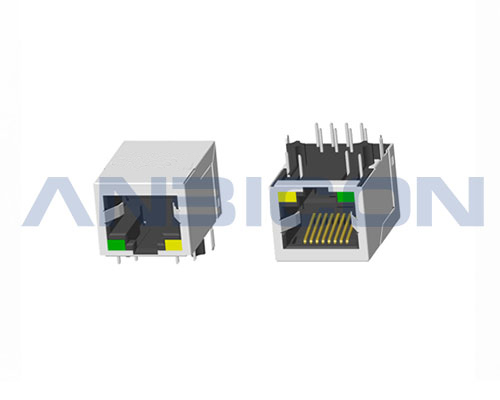 RJ45 Single Port; TAB-DOWN; L=21.3 mm; With LED; With metal shield. PCB Retaining Post :solid(Type A)