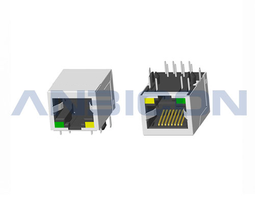 RJ45 Single Port; TAB-DOWN; L=21.3 mm; With LED; With metal shield . PCB Retaining Post:hollow(Type B)