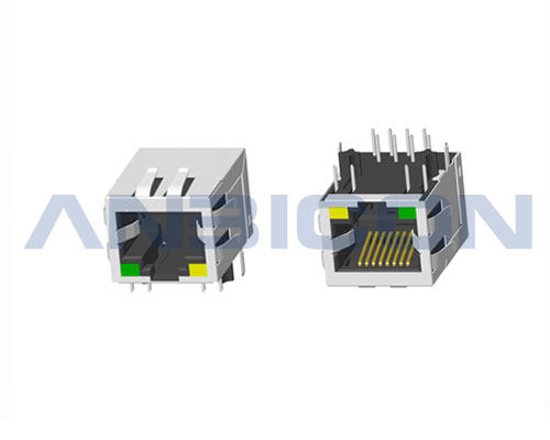 RJ45 Single Port; TAB-DOWN; L=21.3 mm; With LED(4.06mm); With metal shield(EMI Fingers). PCB Retaining Post :solid(Type A)