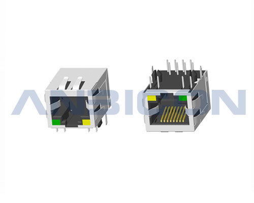 RJ45 Single Port; TAB-DOWN; L=21.3 mm; With LED(4.06mm); With metal shield(EMI Fingers) . PCB Retaining Post:hollow(Type B)