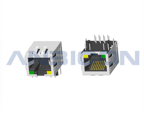 RJ45 Single Port; TAB-DOWN; L=21.3 mm; With LED(4.90mm); With metal shield(EMI Fingers). PCB Retaining Post :solid(Type A)