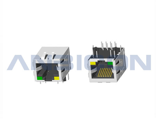 RJ45 Single Port; TAB-DOWN ; L=21.3 mm; With LED; With metal shield(EMI Fingers). PCB Retaining Post :solid(Type A)