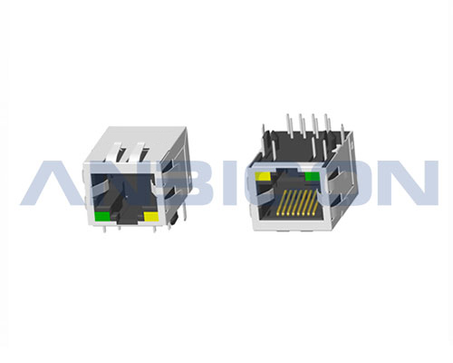 RJ45 Single Port; TAB-DOWN; L=21.3 mm; With LED; With metal shield(EMI Fingers) . PCB Retaining Post:hollow(Type B)