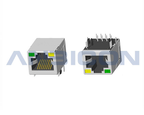 RJ45 Single Port ; TAB-UP ; L=21.3 mm ; With LED ; With metal shield . PCB Retaining Post: hollow(Type B)