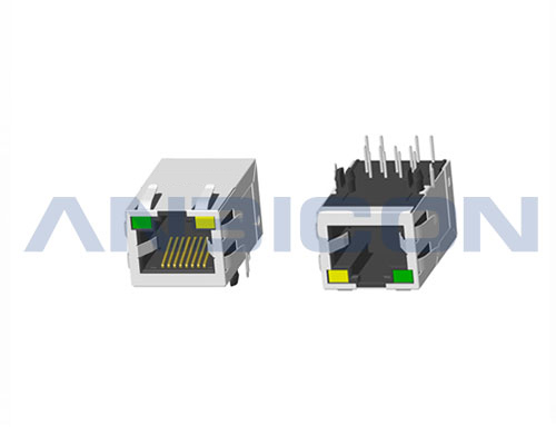 RJ45 Single Port ; TAB-UP ; L=25.4 mm ; With LED ; With metal shield(EMI Fingers) .  PCB Retaining Post: hollow(Type B)