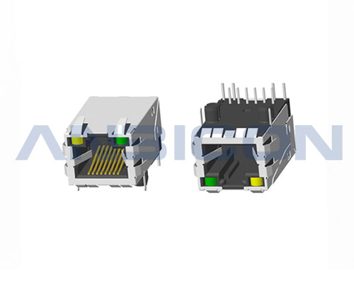 RJ45 Single Port ; TAB-UP ; L=25.4 mm ; Single Row ; With LED ; With metal shield(EMI Fingers) .PCB Retaining Post: hollow(Type B)