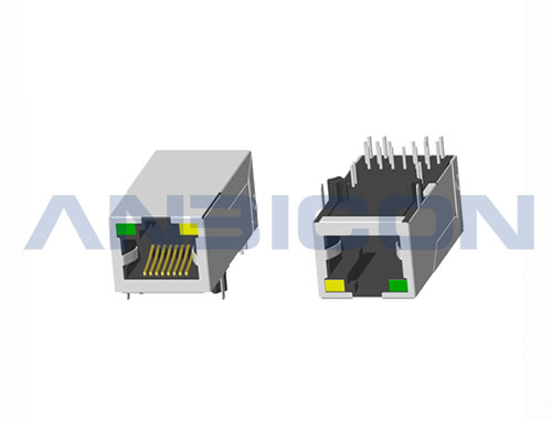 RJ45 Single Port ; TAB-UP ; L=33.0 mm ; With LED ; With metal shield . PCB Retaining Post :solid(Type A)