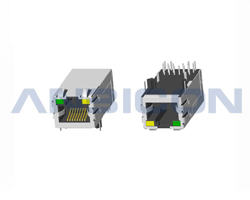 RJ45 Single Port ; TAB-UP ; L=33.0 mm ; With LED ; With metal shield(EMI Fingers) . PCB Retaining Post :solid(Type A)