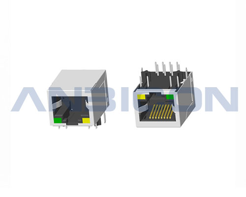 RJ45 Single Port; TAB-DOWN; Without transformer ;L=21.3 mm; With LED(4.90mm); With metal shield. PCB Retaining Post :solid(Type A)