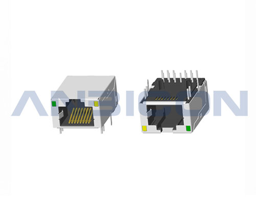 RJ45 Single Port；TAB-UP ; L=24.13mm ; With LED ; With metal shield . PCB Retaining Post :solid(Type A)