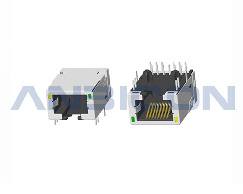 RJ45 Single Port；TAB-DOWN ; L=23.88mm ; With LED ; With metal shield . PCB Retaining Post :solid(Type A)