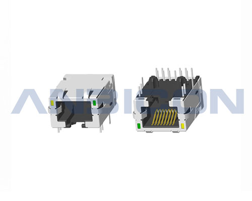 RJ45 Single Port；TAB-DOWN ; L=23.88mm ; With LED ; With metal shield (EMI Fingers). PCB Retaining Post :solid(Type A)