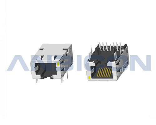 RJ45 Single Port；TAB-DOWN ; L=28.57mm ; With LED ; With metal shield (EMI Fingers). PCB Retaining Post :solid(Type A)