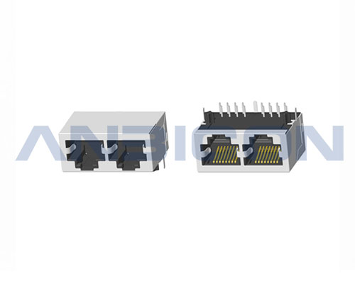 RJ45 Double port ; TAB-DOWN ; L=21.3mm ; Without LED ; With metal shield . PCB Retaining Post :solid(Type A)