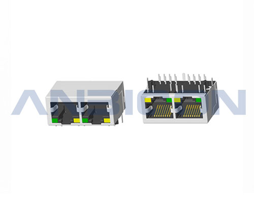 RJ45 Double port ; TAB-DOWN ; L=21.3mm ; With LED ; With metal shield . PCB Retaining Post :solid(Type A)