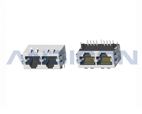 RJ45 Double port ; TAB-DOWN ; L=21.3mm ; Without LED ; With metal shield(EMI Fingers) . PCB Retaining Post :solid(Type A)