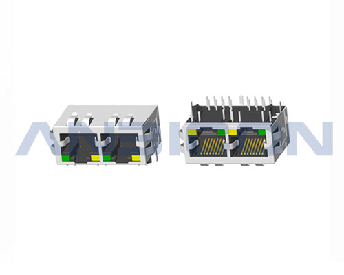 RJ45 Double port ; TAB-DOWN ; L=21.3mm ; With LED ; With metal shield（EMI Fingers） . PCB Retaining Post :solid(Type A)