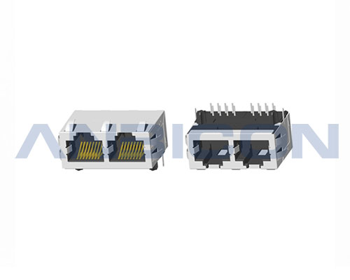 RJ45 Double port ; TAB-UP ; L=21.5mm ; Without LED ; With metal shield(EMI Fingers) . PCB Retaining Post :solid(Type A)