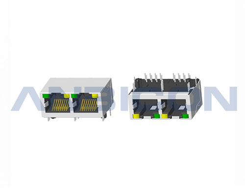 RJ45 Double port ; TAB-UP ; L=21.5mm ; With LED ; With metal shield . PCB Retaining Post :solid(Type A)