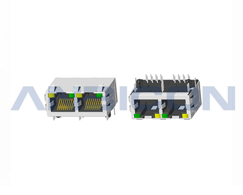 RJ45 Double port ; TAB-UP ; L=21.5mm ; With LED ; With metal shield（EMI Fingers） . PCB Retaining Post :solid(Type A)