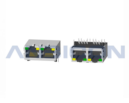 RJ45 Double port ;TAB-UP;L=25.4mm;With LED; With metal  shield (EMI Fingers). PCB Retaining Post:hollow(Type B)