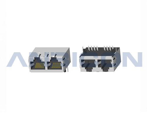 RJ45 Double port ; TAB-UP ; L= 25.4 mm ; Without LED; With metal shield（EMI Fingers） . PCB Retaining Post: hollow(Type B)