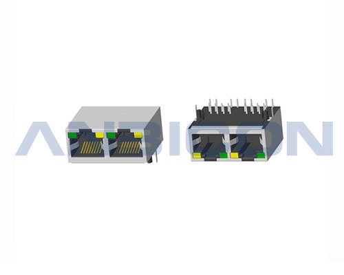 RJ45 Double port ; TAB-UP ; L= 25.4 mm ; With LED; With metal shield . PCB Retaining Post: hollow(Type B)