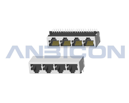 RJ45 Four ports；TAB-DOWN ; L=21.3mm ; Without LED ; With metal shield . PCB Retaining Post :solid(Type A)