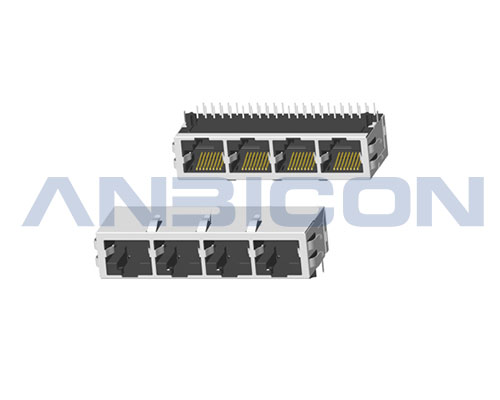 RJ45 Four ports；TAB-DOWN ; L=21.3mm ; Without LED ; With metal shield（EMI Fingers） . PCB Retaining Post :solid(Type A)