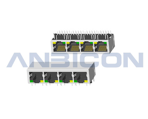 RJ45 Four ports；TAB-DOWN ; L=21.3mm ; With LED ; With metal shield . PCB Retaining Post :solid(Type A)