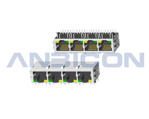 RJ45 Four ports；TAB-DOWN ; L=21.3mm ; With LED ; With metal shield（EMI Fingers） . PCB Retaining Post :solid(Type A)