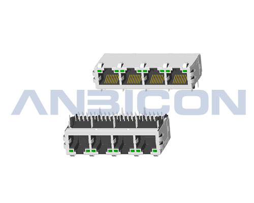 RJ45 Four ports；TAB-UP ; L=25.36mm ; With LED ; With metal shield . PCB Retaining Post :solid(Type A)