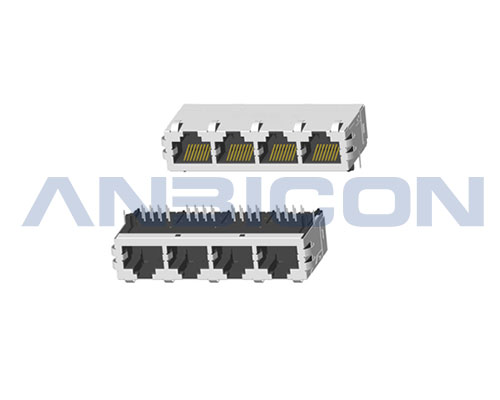 RJ45 Four ports；TAB-UP ; L=25.4 mm ; Without LED ; With metal shield（EMI Fingers） . PCB Retaining Post :solid(Type A)