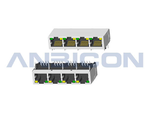 RJ45 Four ports； TAB-UP ; L=25.4 mm ; With LED ; With metal shield . PCB Retaining Post :solid(Type A)