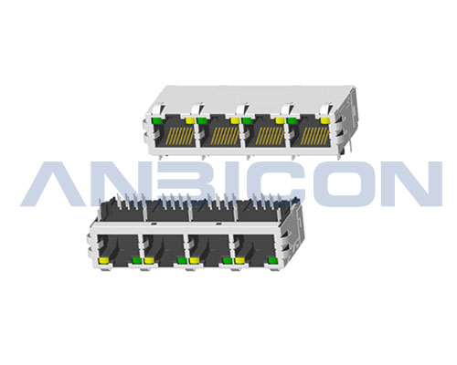 RJ45 Four ports； TAB-UP ; L=25.4 mm ; With LED ; With metal shield（EMI Fingers） . PCB Retaining Post :solid(Type A)