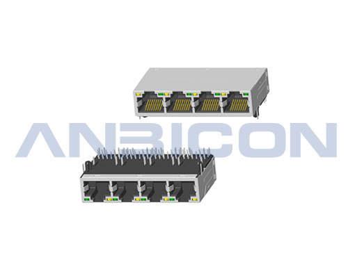 RJ45 Four Ports ; TAB-UP ; L=33.0 mm ;With POE; With LED ; With metal shield . PCB Retaining Post :solid(Type A)