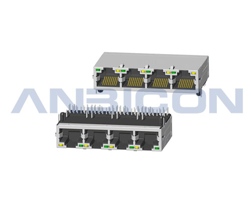 RJ45 Four Ports ; TAB-UP ; L=33.0 mm ;With POE; With LED ; With metal shield(EMI Fingers) . PCB Retaining Post :solid(Type A)