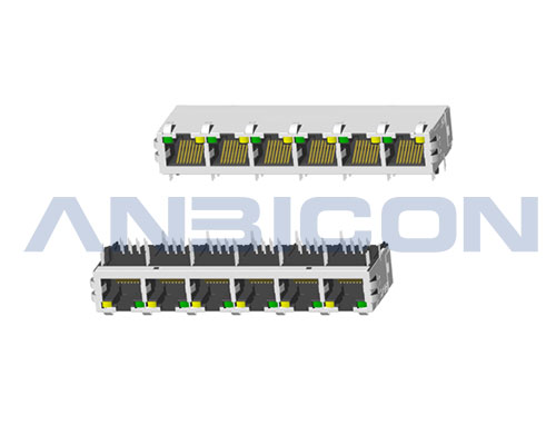 RJ45 1X6 ports； TAB-UP ; L=25.4 mm ; With LED ; With metal shield（EMI Fingers） . PCB Retaining Post :solid(Type A)