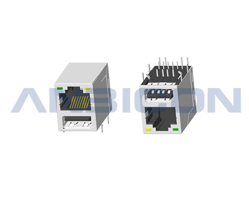 RJ45 1X1 ; Single USB 2.0 ; With LED ; With metal shield ; Gold plating 6/15/30/50 microinch ; Meets IEEE 802.3 specification .