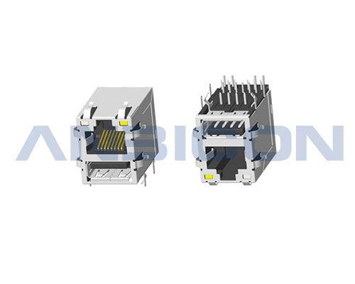 RJ45 1X1；Single USB 2.0 ; With metal shield（EMI Fingers）；With Two-color LED ; Gold plating 6/15/30/50 microinch .