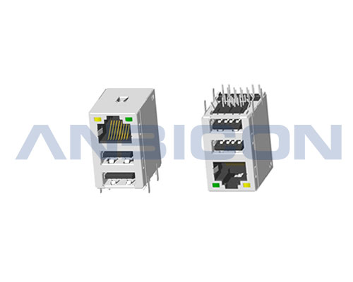 RJ45 1X1； Double USB 3.0 ; With LED ; With metal shield ; Gold plating 6/15/30/50 microinch ; Meets IEEE 802.3 specification .