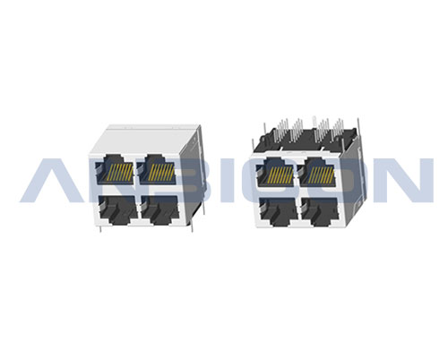 RJ45 ; 2X2 ports ; Without LED ; With metal shield ; Gold plating 6/15/30/50 microinch . PCB Retaining Post :solid(Type A)