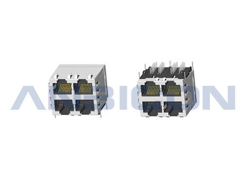 RJ45 ; 2X2 ports ; Without LED ; With metal shield（EMI Fingers） ; Gold plating 6/15/30/50 microinch . PCB Retaining Post :solid(Type A)