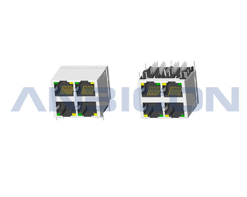 RJ45 ; 2X2 ports ; With LED ; With metal shield ; Gold plating 6/15/30/50 microinch . PCB Retaining Post :solid(Type A)