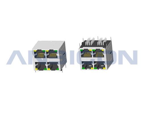 RJ45 ; 2X2 ports ; With LED ; With metal shield ; Gold plating 6/15/30/50 microinch . PCB Retaining Post: hollow(Type B)